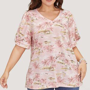 Coconut Tree Print Gathered Twist Sleeve T-shirt